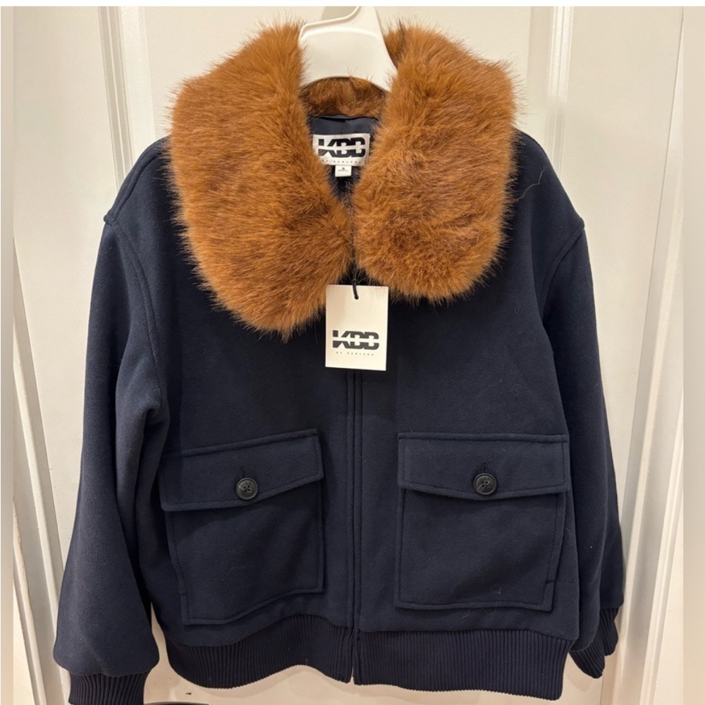 Navy Bomber Jacket with Faux Fur Collar - Large